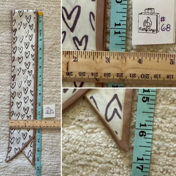 Slim Scarf Heart Print 34in White Brown Sketched Hearts Cute Style Neutral No68 - Picture 7 of 9
